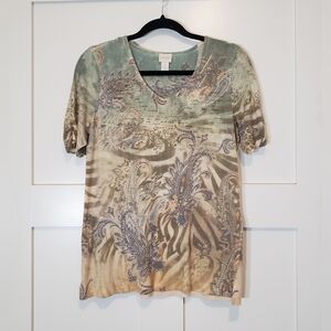 Chico's Multicolor Paisley V Neck Tee Shirt Short Sleeves Size 0/XS